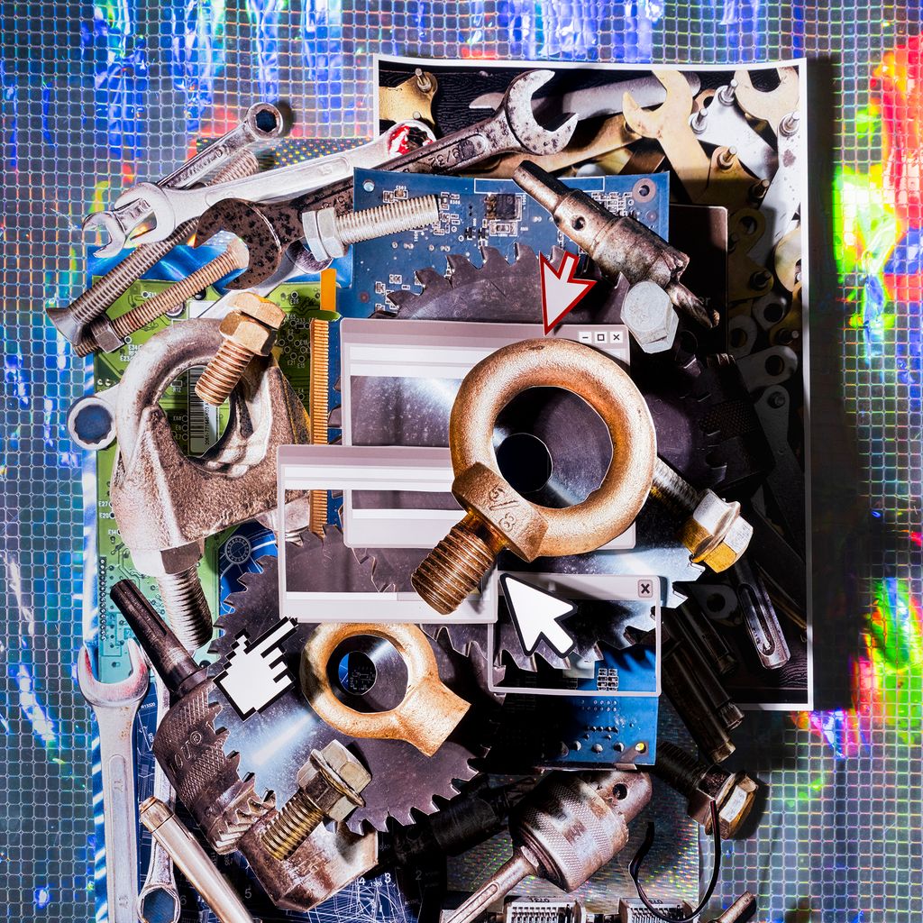 Photo collage of technology and tools