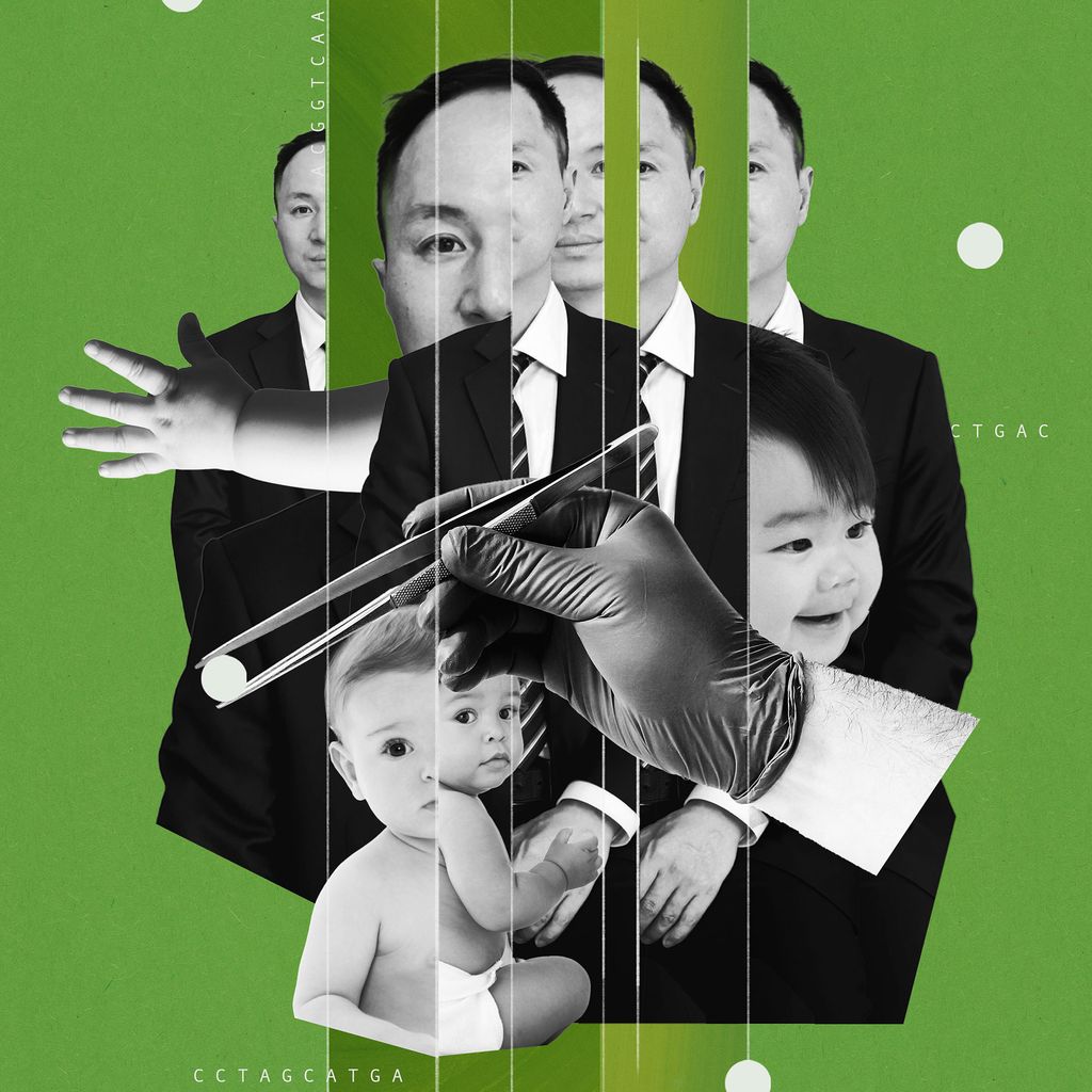 Collage of He Jiankui DNA code and babies